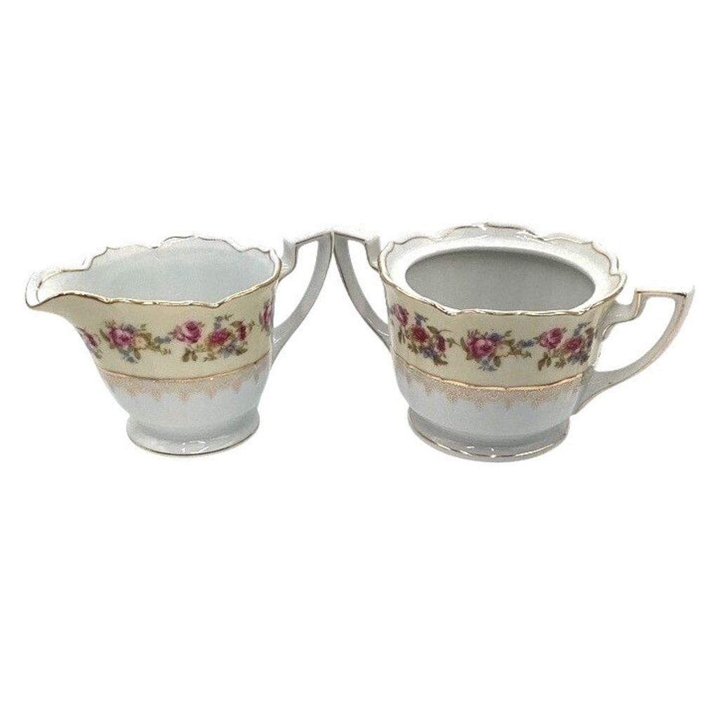 Vintage Gold Castle Hostess Floral Rose Creamer and Open Sugar Bowl Set Japan‎